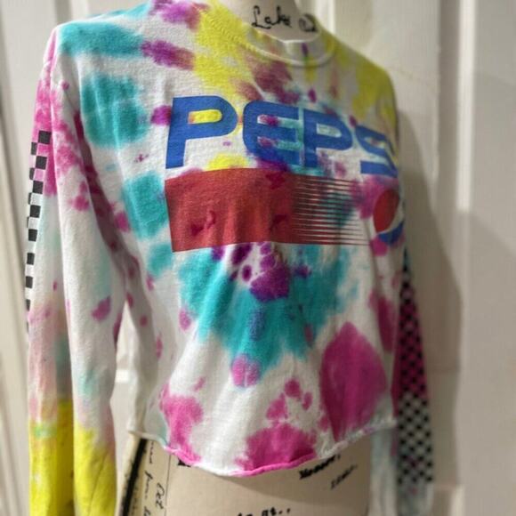 PEPSI TIE DYE CROPPED T-SHIRT LONG SLEEVE SZ MEDIUM 100% COTTON RETRO AESTHETIC - Picture 12 of 16